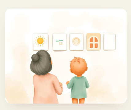 Mãe e filho olhando um quadro de rotina visual